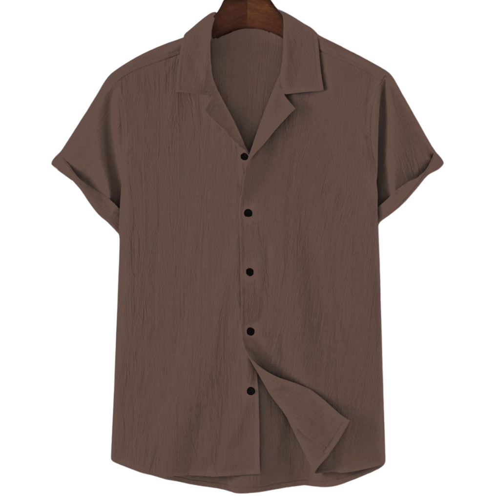 Mens Texture Structured Cuban Collar Shirt - Dark Brown