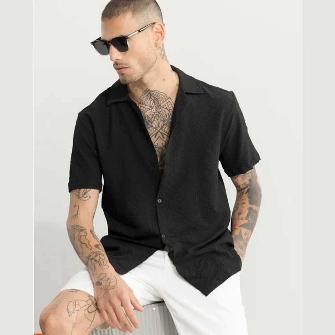 Mens Dot Structured Cuban Collar Shirt - Black
