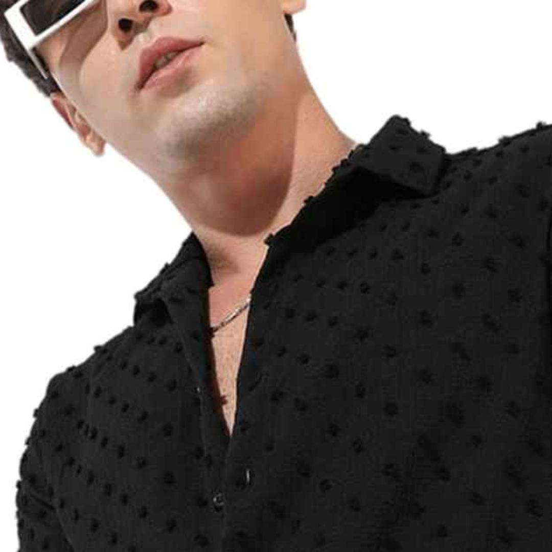 Mens Dot Structured Cuban Collar Shirt - Black