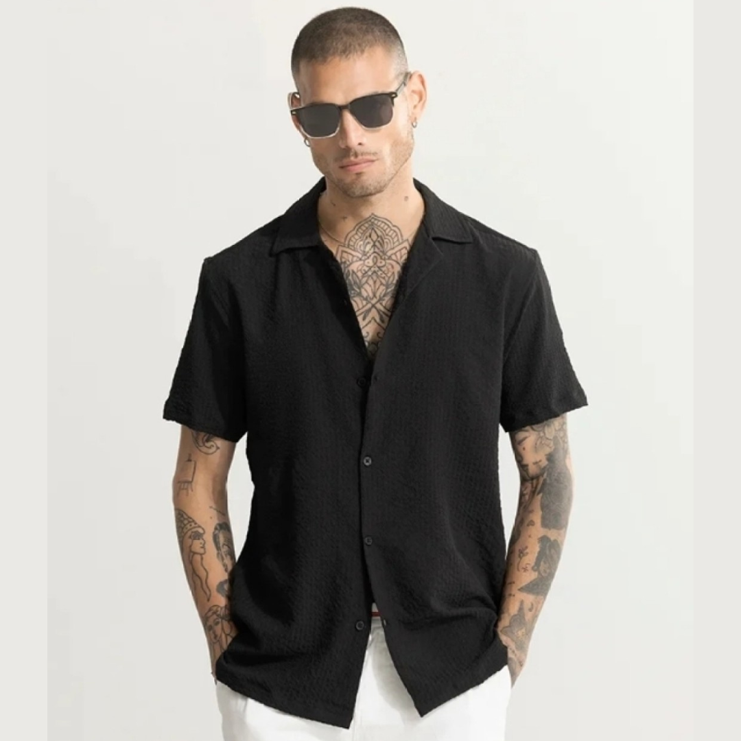 Mens Dot Structured Cuban Collar Shirt - Black