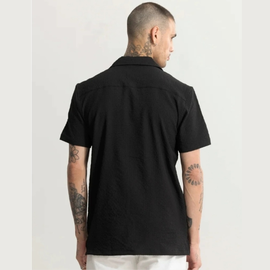 Mens Dot Structured Cuban Collar Shirt - Black