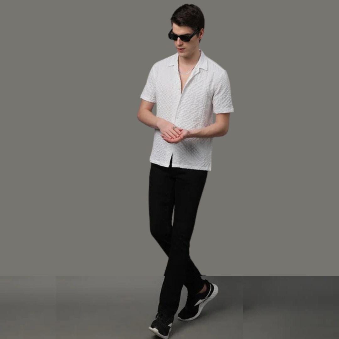 Mens Square Structured Cuban Collar Shirt - White