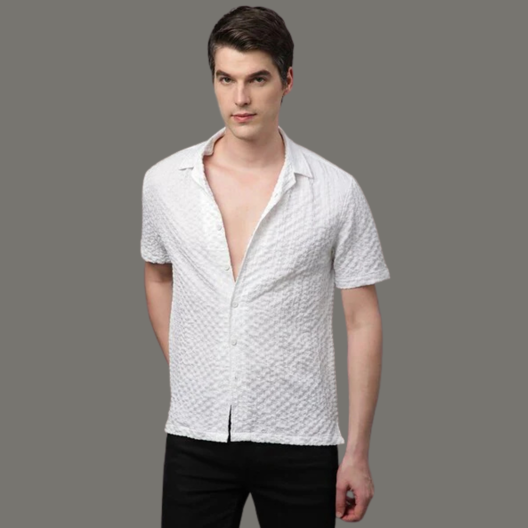 Mens Square Structured Cuban Collar Shirt - White