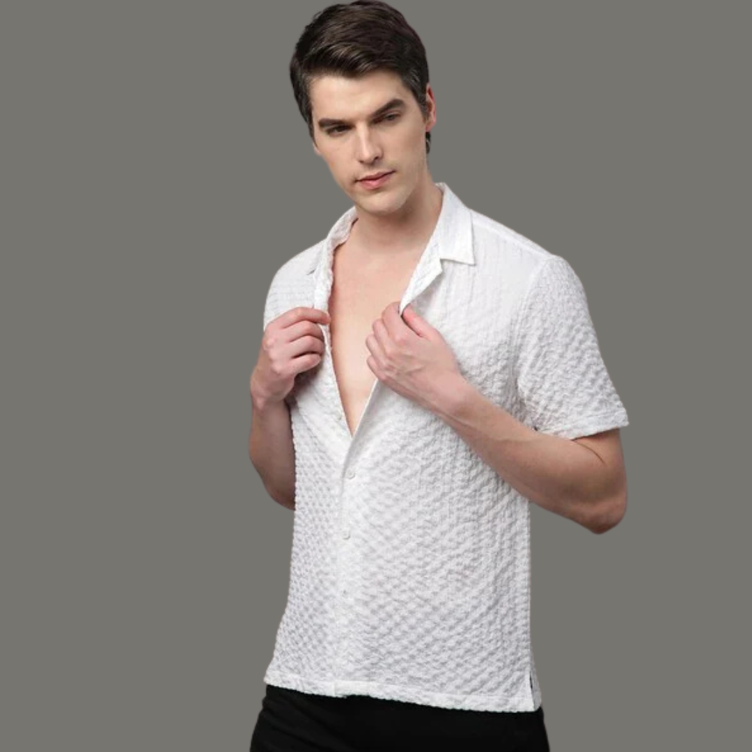 Mens Square Structured Cuban Collar Shirt - White