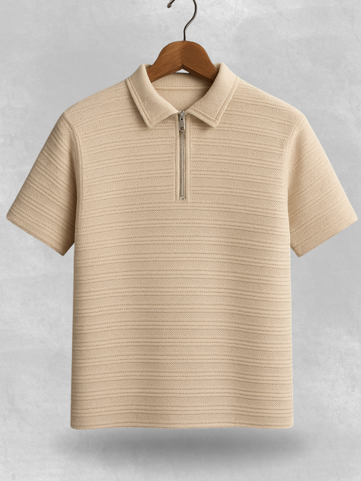 Zipped Knitted Thread Polo Shirt - Sand Beige