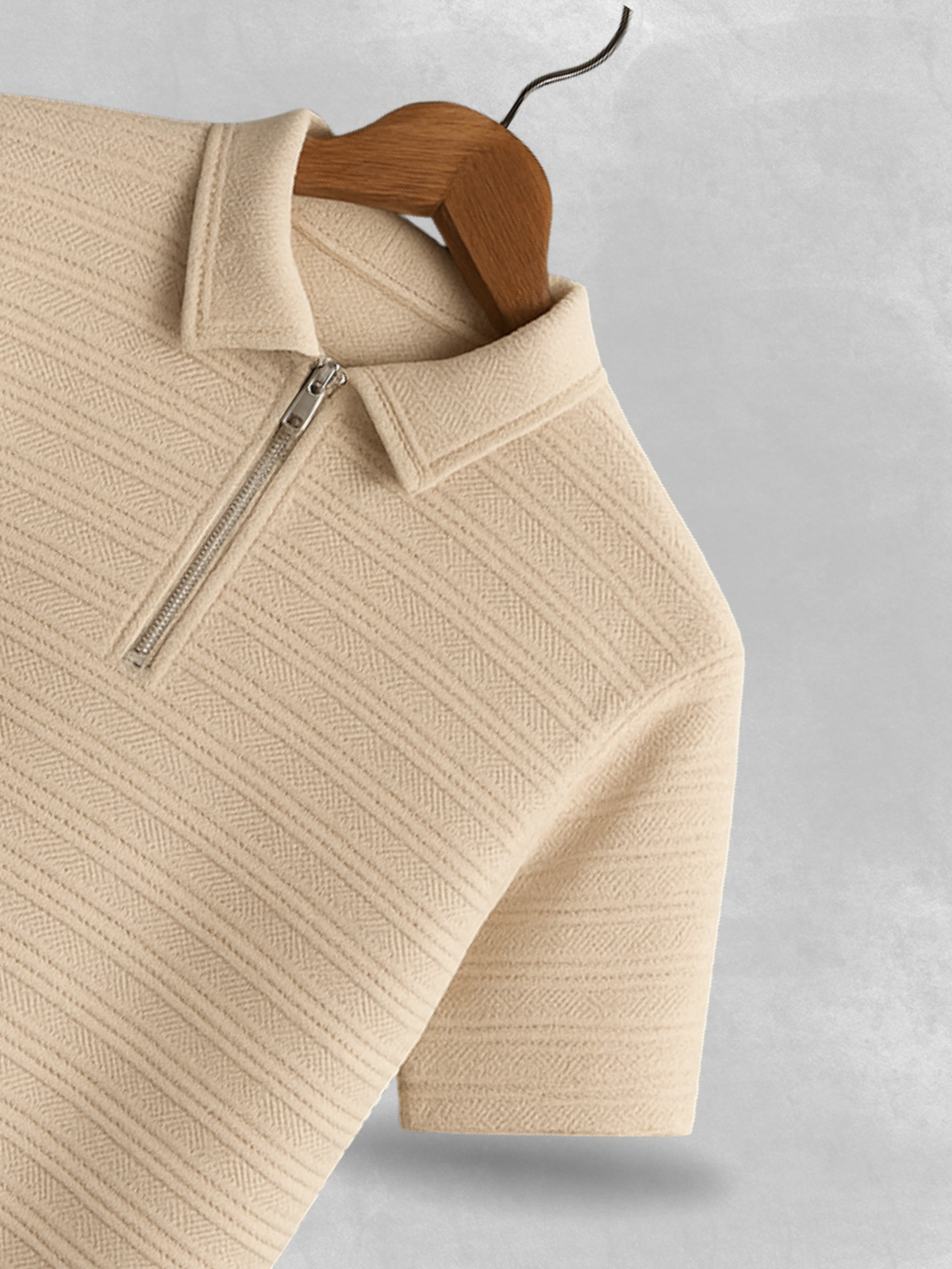 Zipped Knitted Thread Polo Shirt - Sand Beige