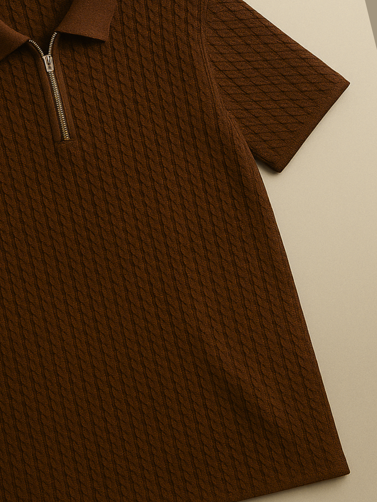 Old Money Embose Knitted Zipped Polo - Brown