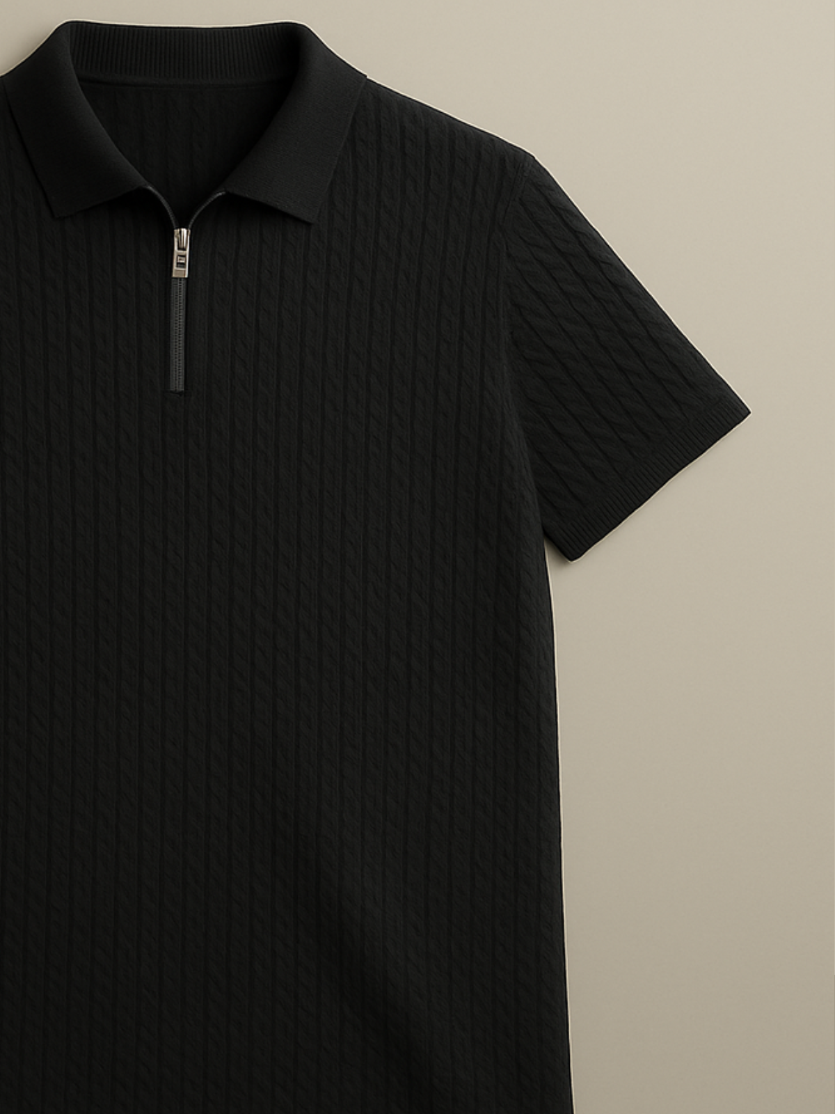 Old Money Embose Knitted Zipped Polo - Jet Black
