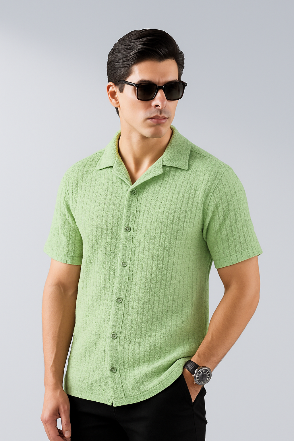 Knitted Breeze Cuban Collar Shirt - Pistachio Green