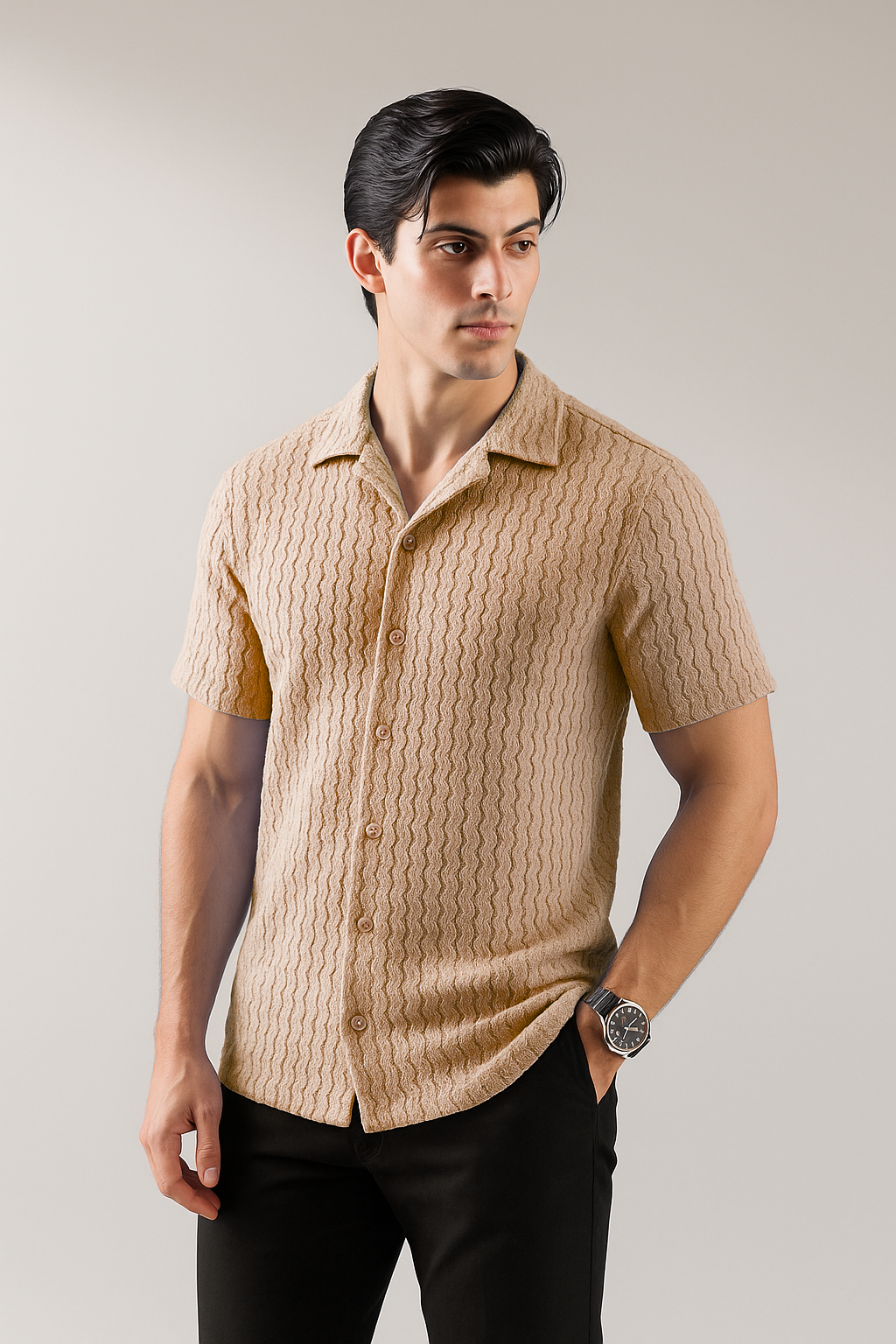 Knitted Breeze Cuban Collar Shirt - Sand Beige