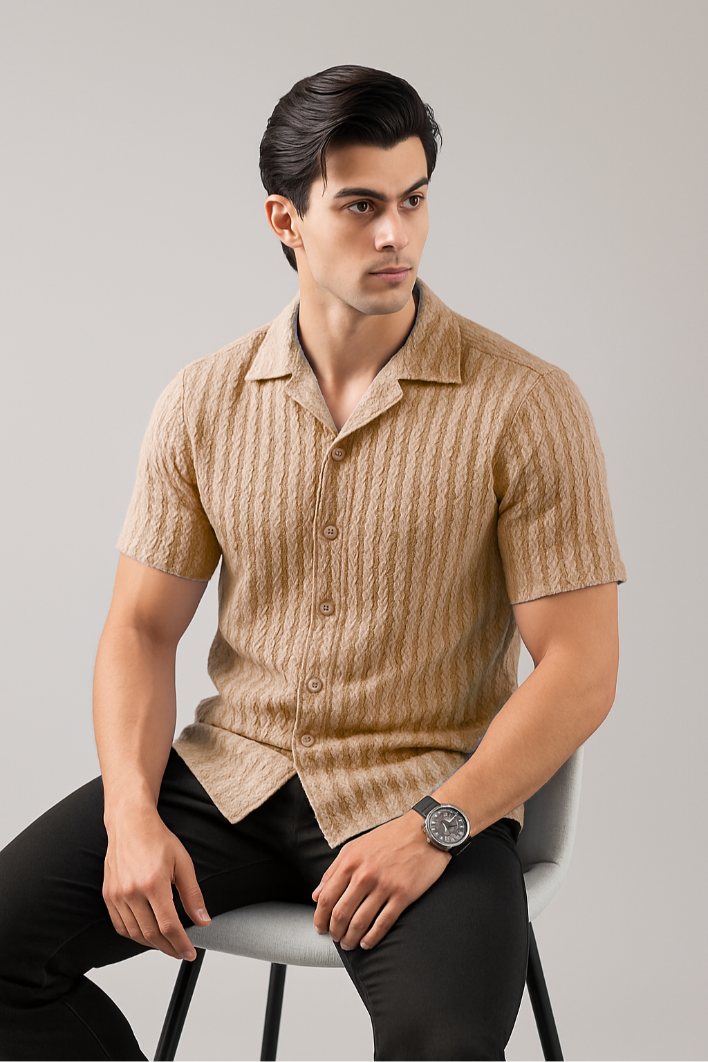 Knitted Breeze Cuban Collar Shirt - Sand Beige