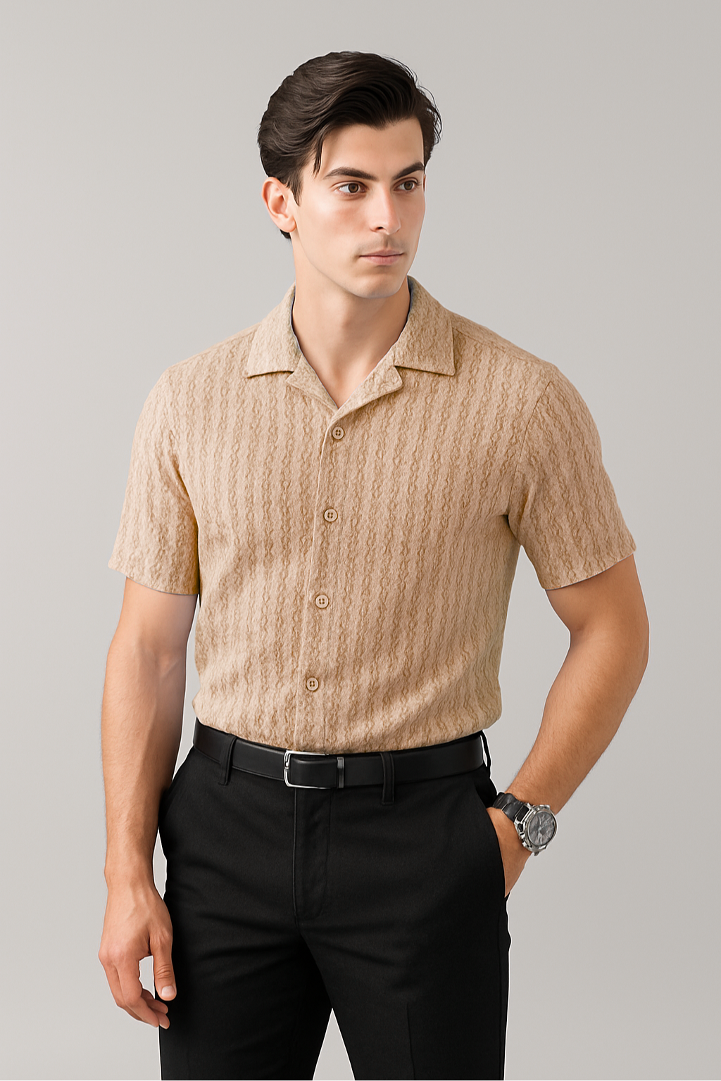 Knitted Breeze Cuban Collar Shirt - Sand Beige