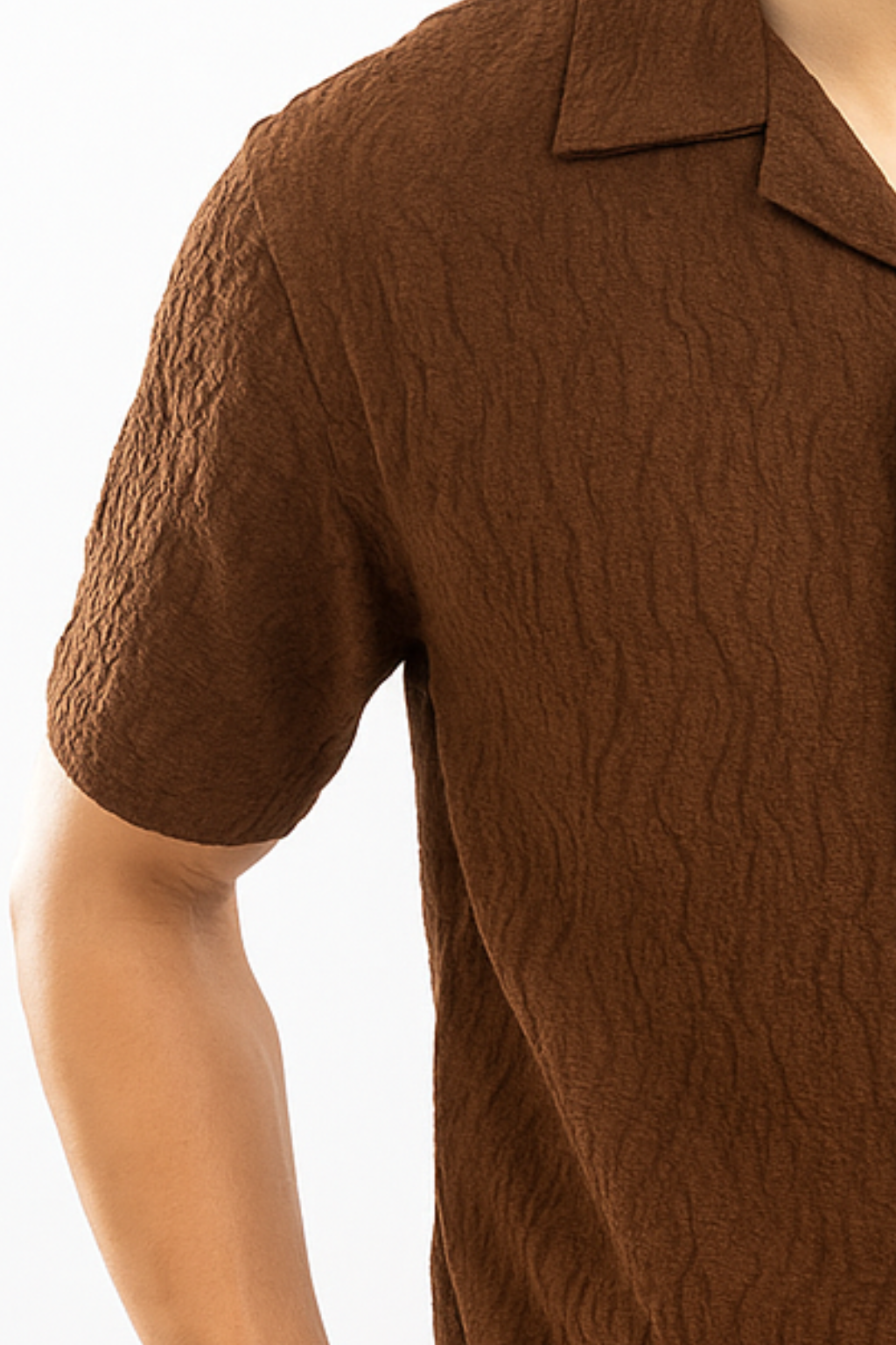 Wavy Crinkle Cuban Collar Shirt - Brown
