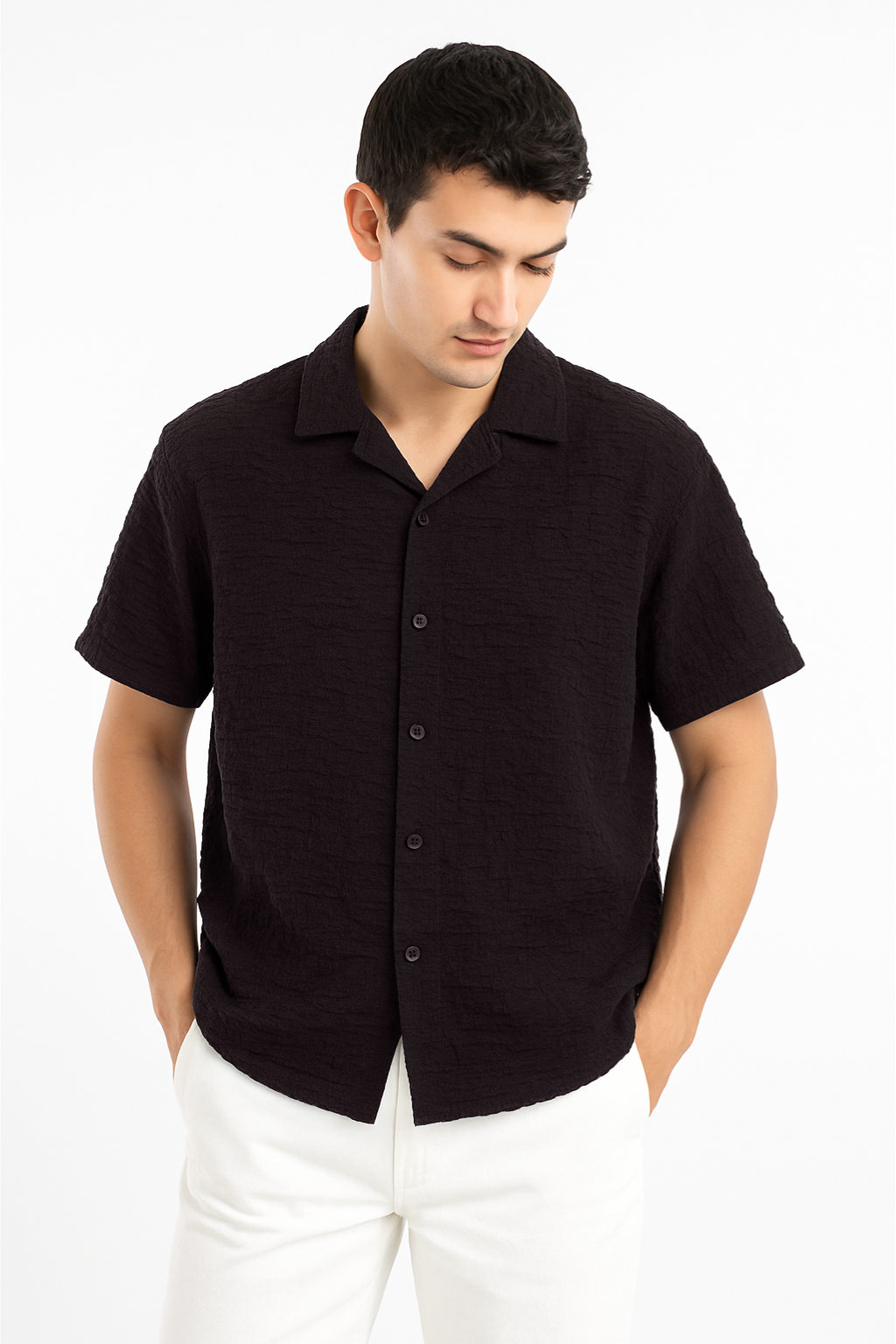 Crinkle Cuban Collar Shirt - Black