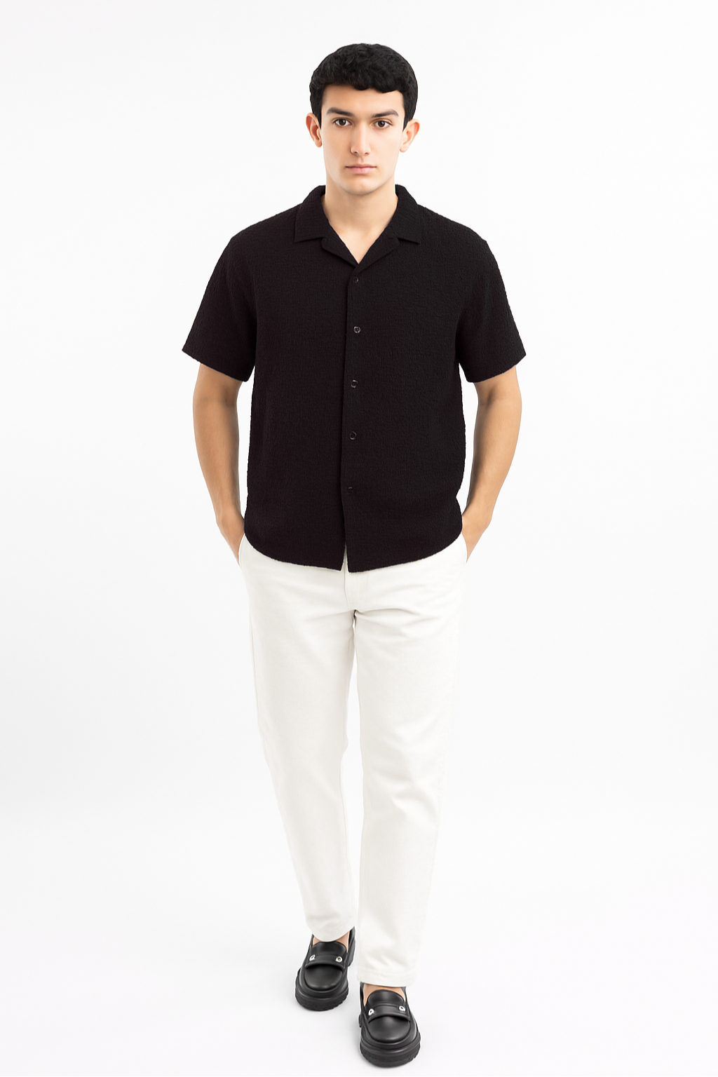 Crinkle Cuban Collar Shirt - Black
