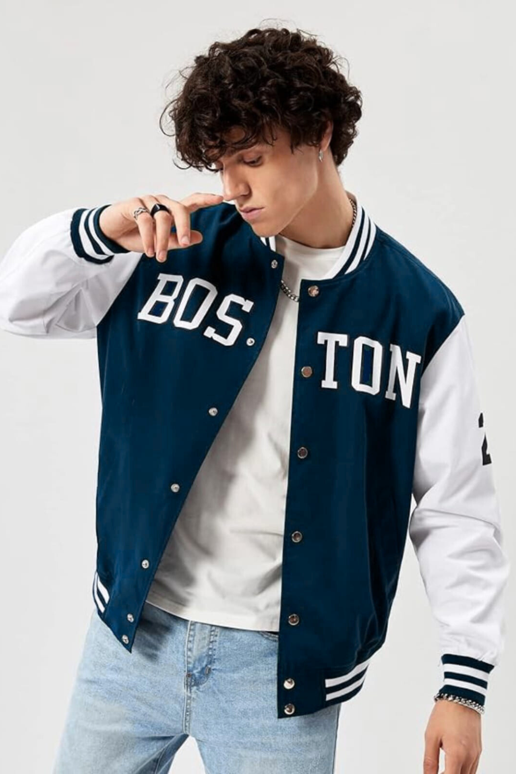 NAVY BLUE BOSTON VARSITY JACKET - UNISEX