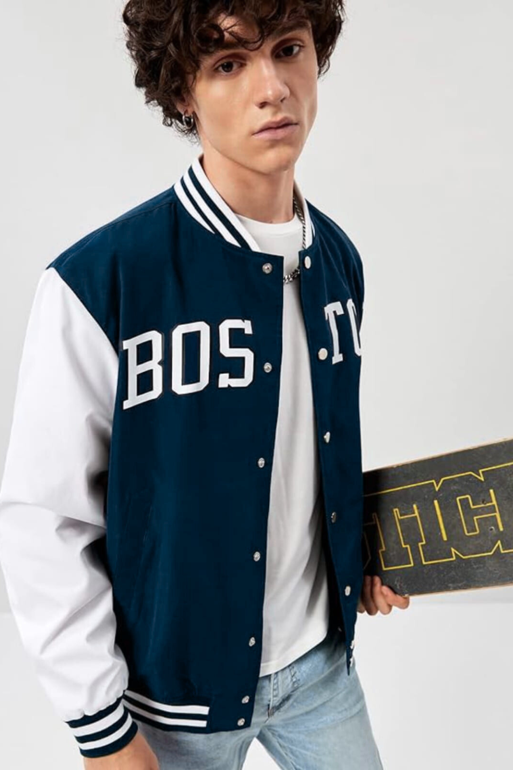 NAVY BLUE BOSTON VARSITY JACKET - UNISEX