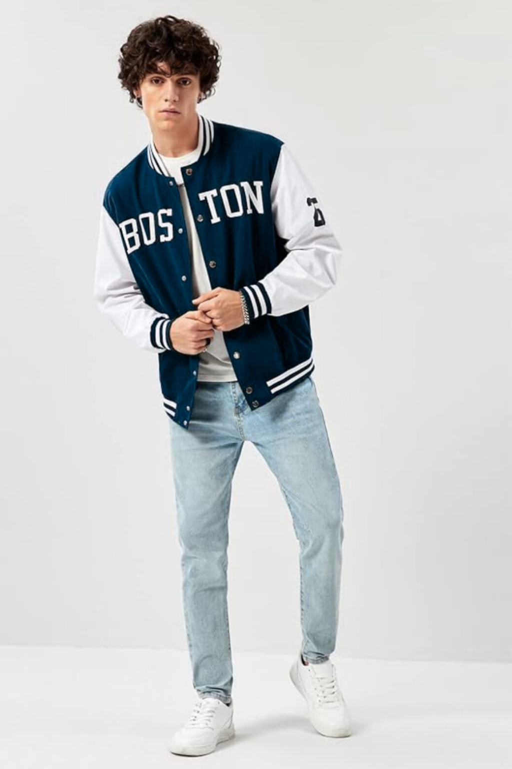 NAVY BLUE BOSTON VARSITY JACKET - UNISEX