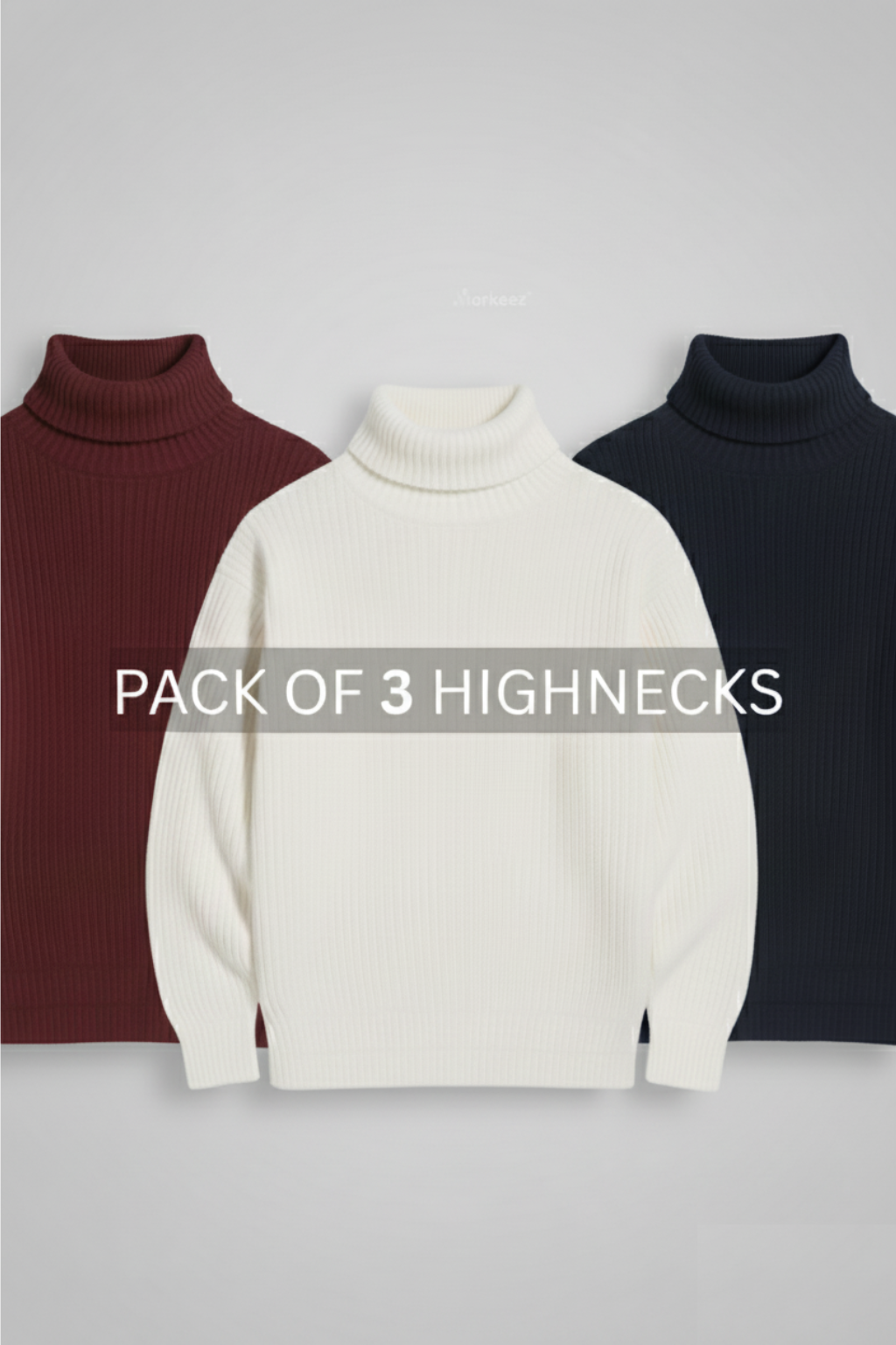 PACK OF 3 MAROON , WHITE & NAVY BLUE RIBBED & BOTTOM HIGHNECK
