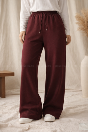 Plain Relaxed Wide Hem TrackPants - Maroon - FOR HER