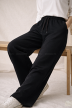 Plain Relaxed Wide Hem TrackPants - Black - FOR HER