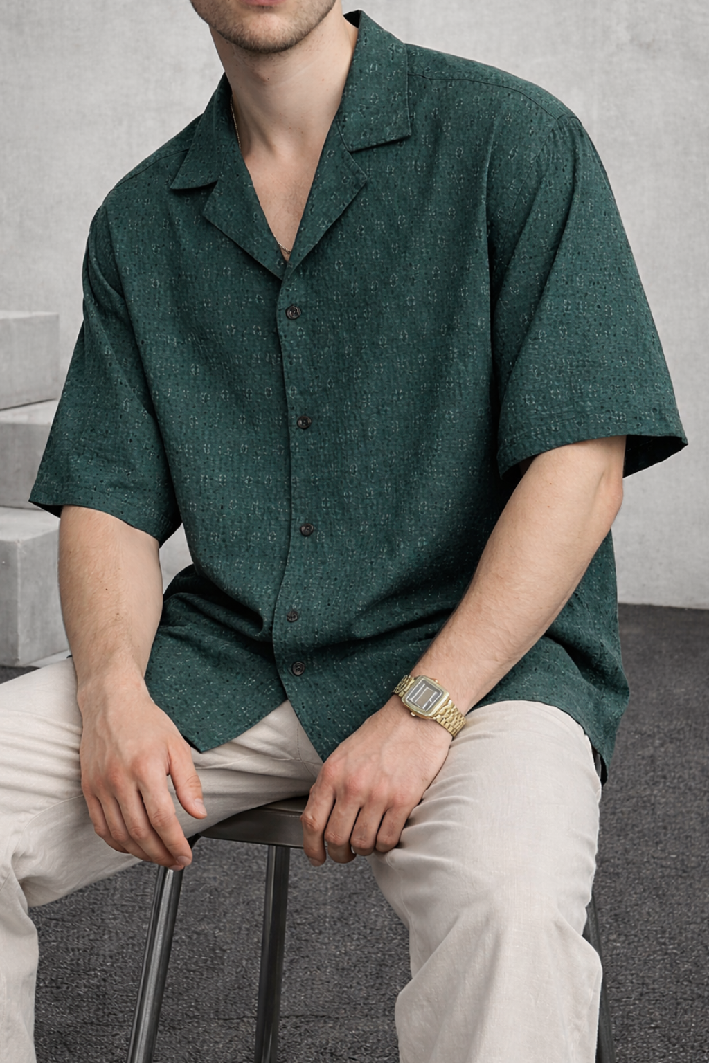 Terra Weave Cuban Collar Shirt -Deep Sage Green