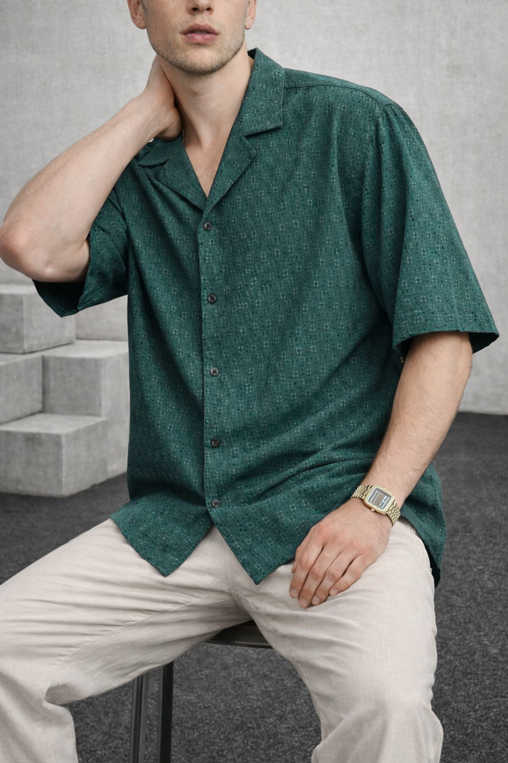 Terra Weave Cuban Collar Shirt -Deep Sage Green