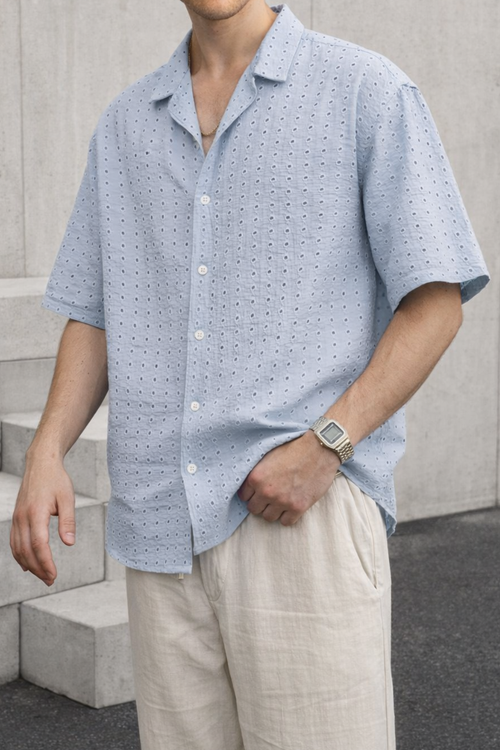 Artisan Texture Cuban Collar Shirt - Ice Blue
