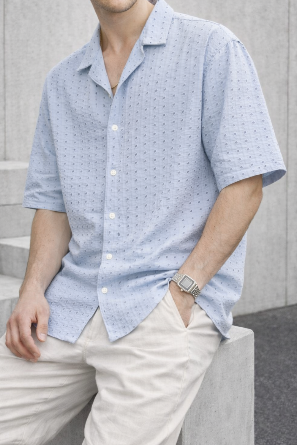 Artisan Texture Cuban Collar Shirt - Ice Blue
