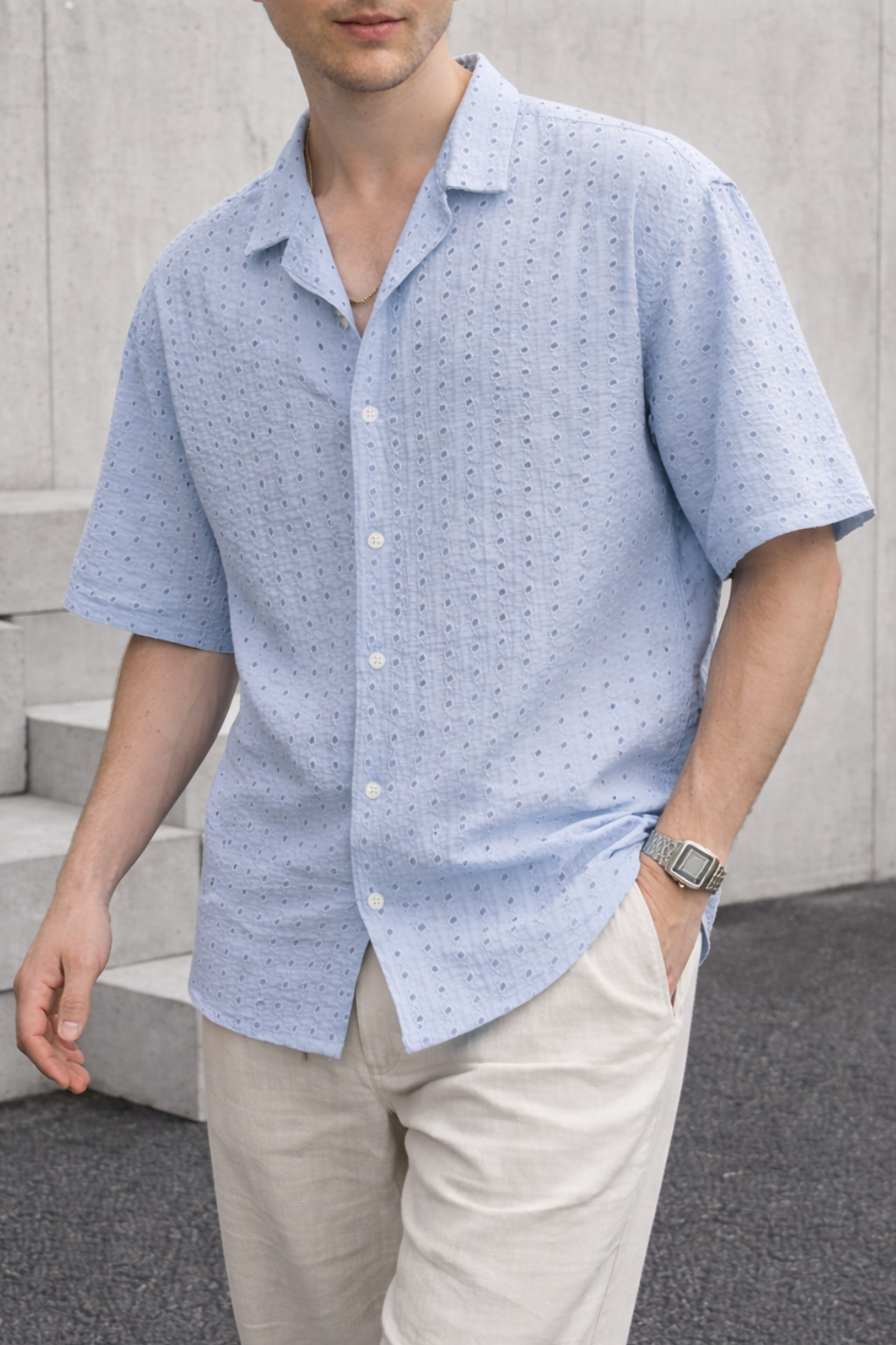 Artisan Texture Cuban Collar Shirt - Ice Blue