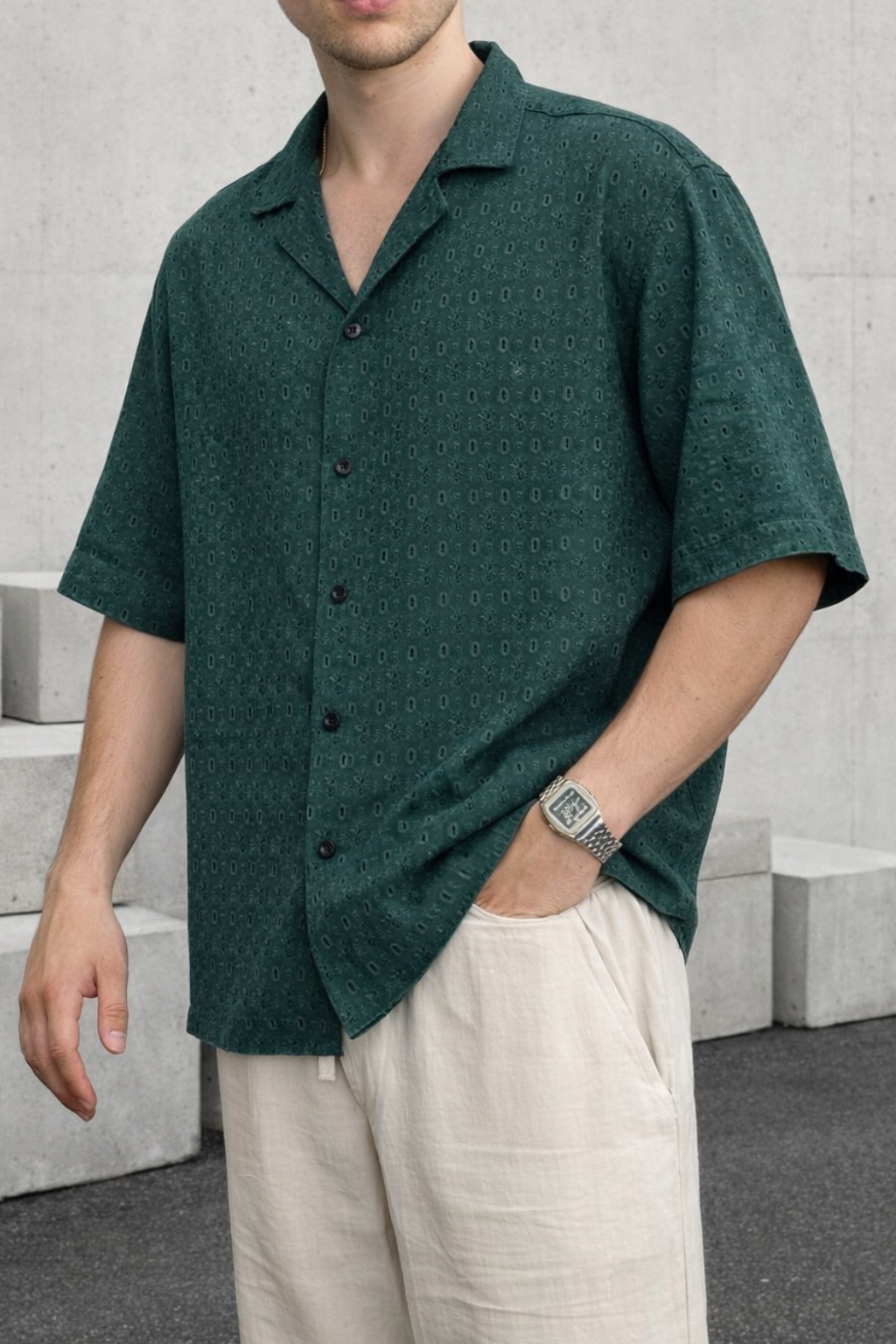 Terra Weave Cuban Collar Shirt -Deep Sage Green