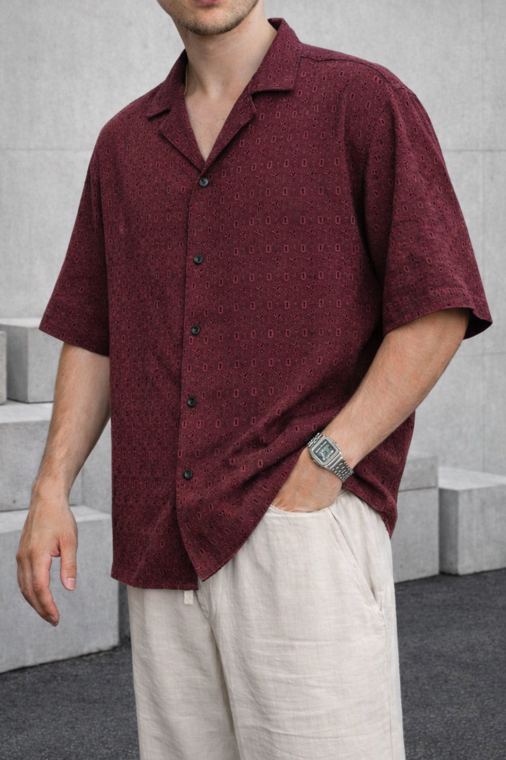 Terra Weave Cuban Collar Shirt - Maroon