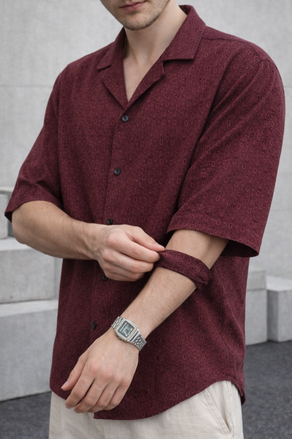 Terra Weave Cuban Collar Shirt - Maroon