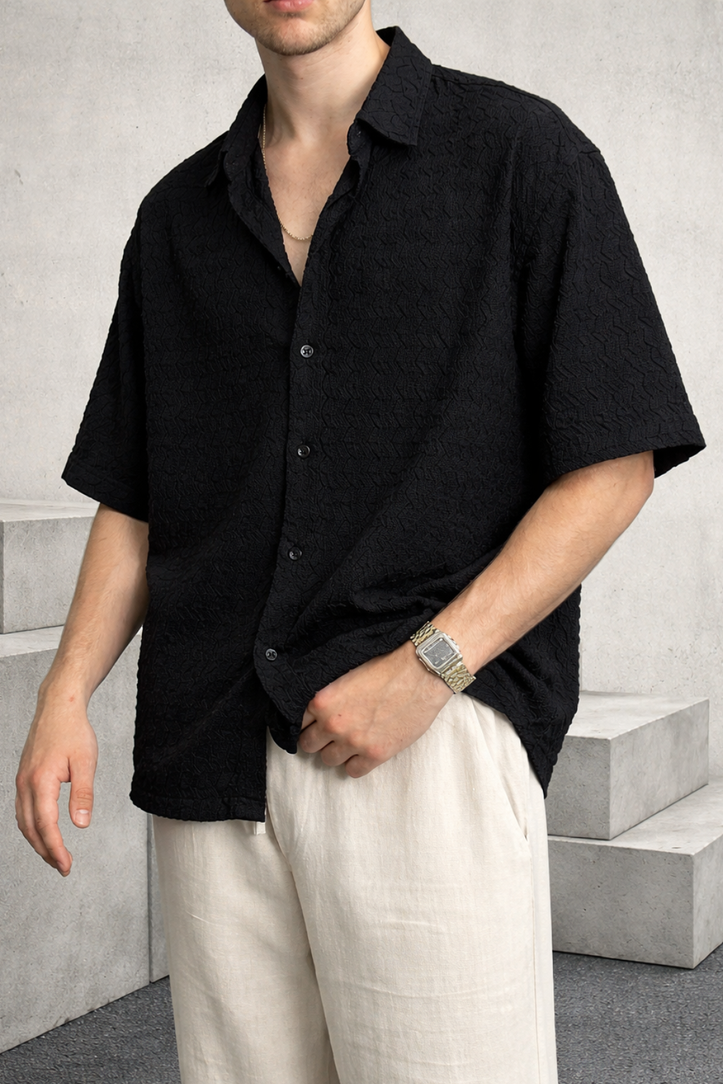 ZigZag Wave Texture Cuban Collar Shirt - Rich Black