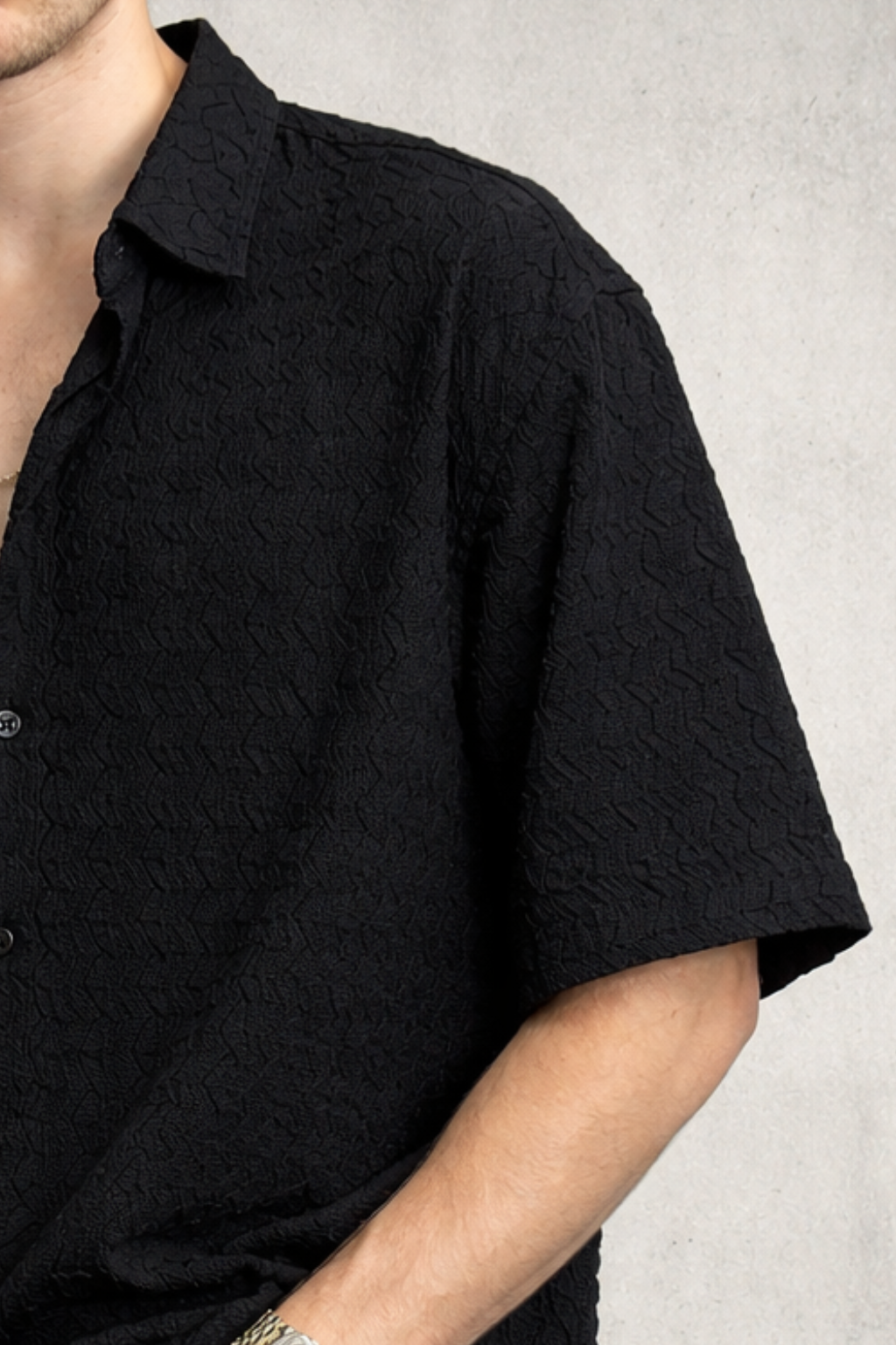 ZigZag Wave Texture Cuban Collar Shirt - Rich Black