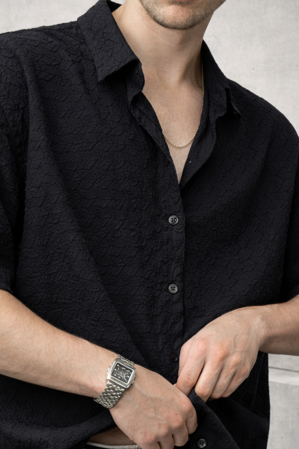 ZigZag Wave Texture Cuban Collar Shirt - Rich Black