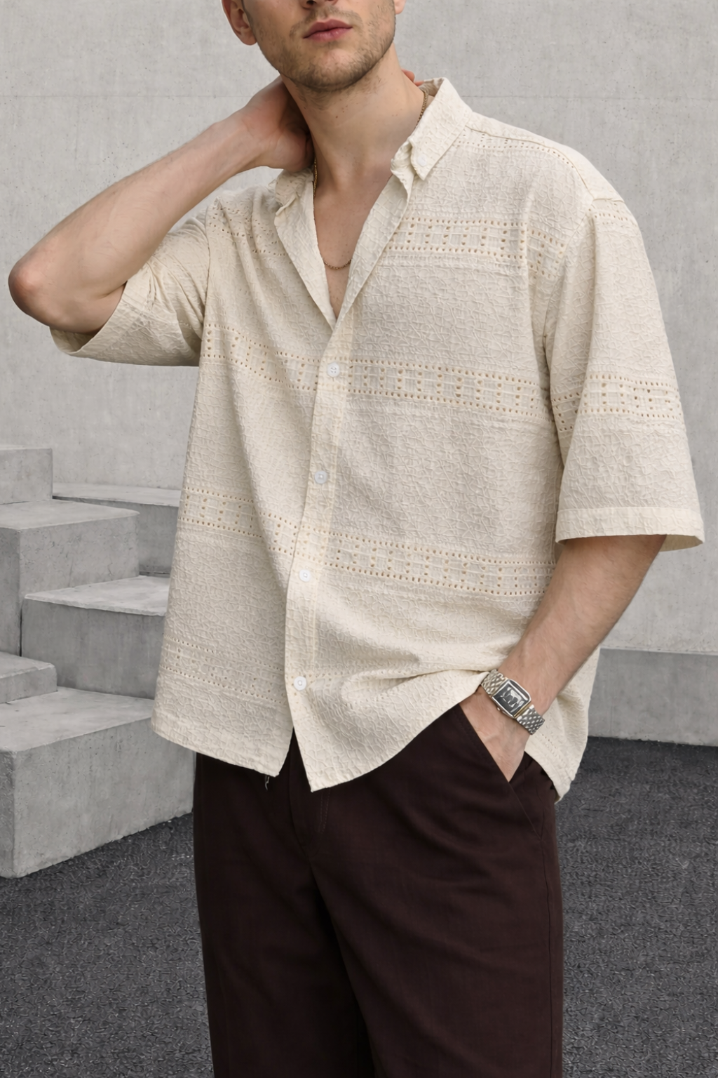Open-Weave Cutwork Cuban Collar Shirt - Cream