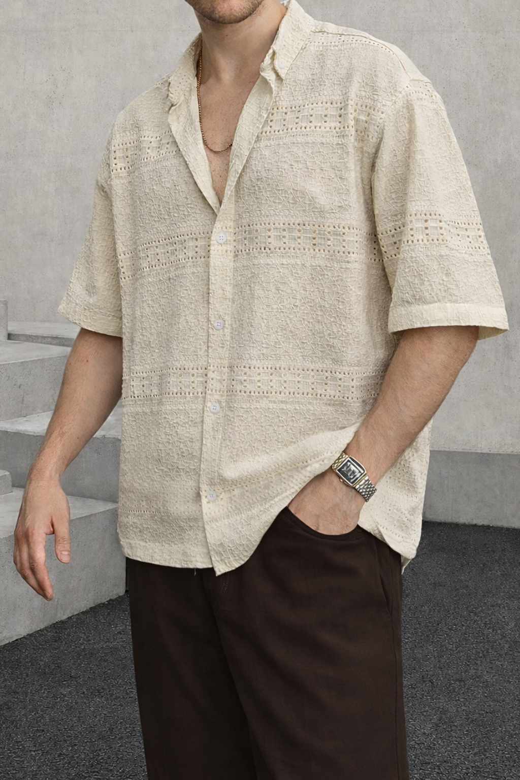 Open-Weave Cutwork Cuban Collar Shirt - Cream