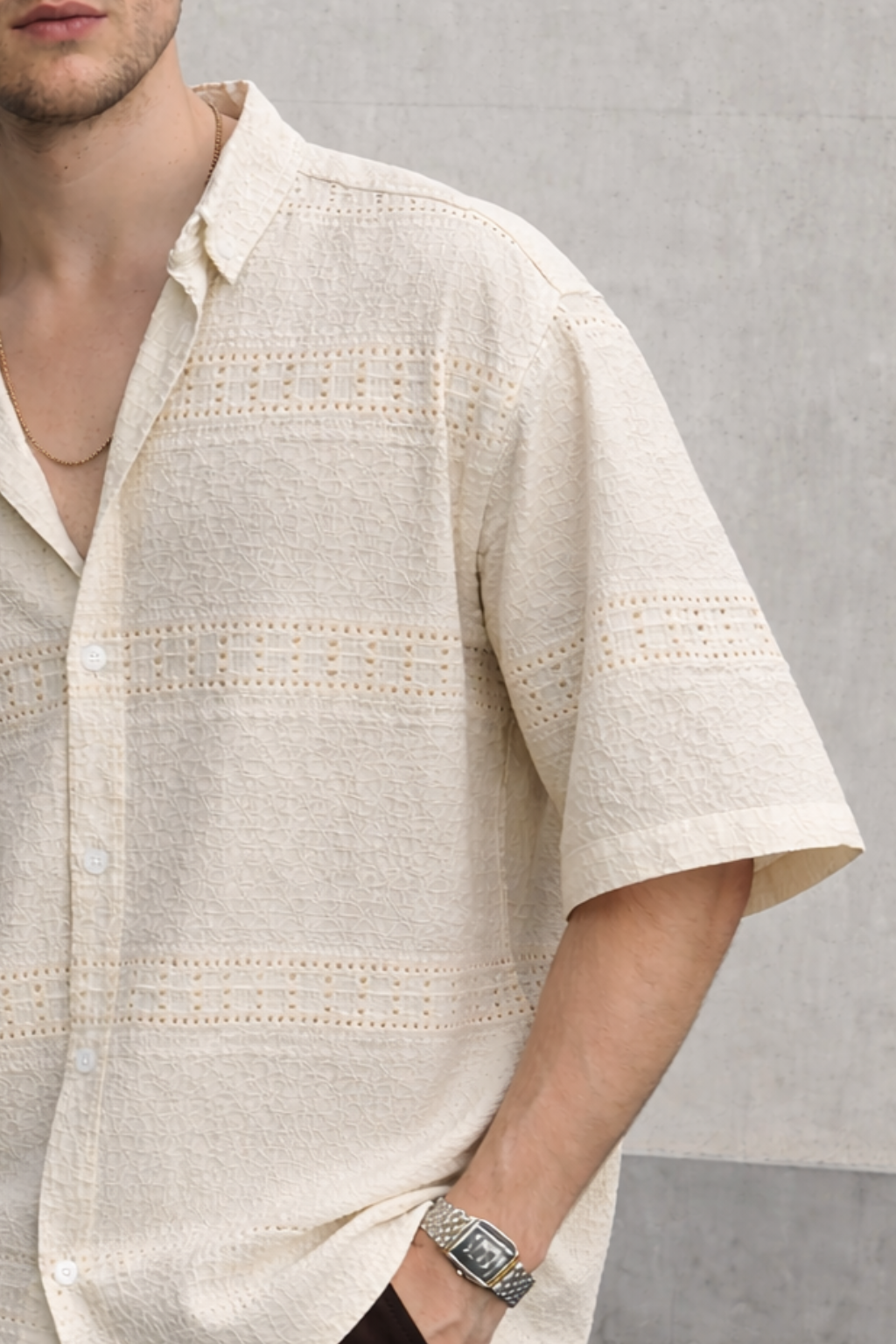 Open-Weave Cutwork Cuban Collar Shirt - Cream