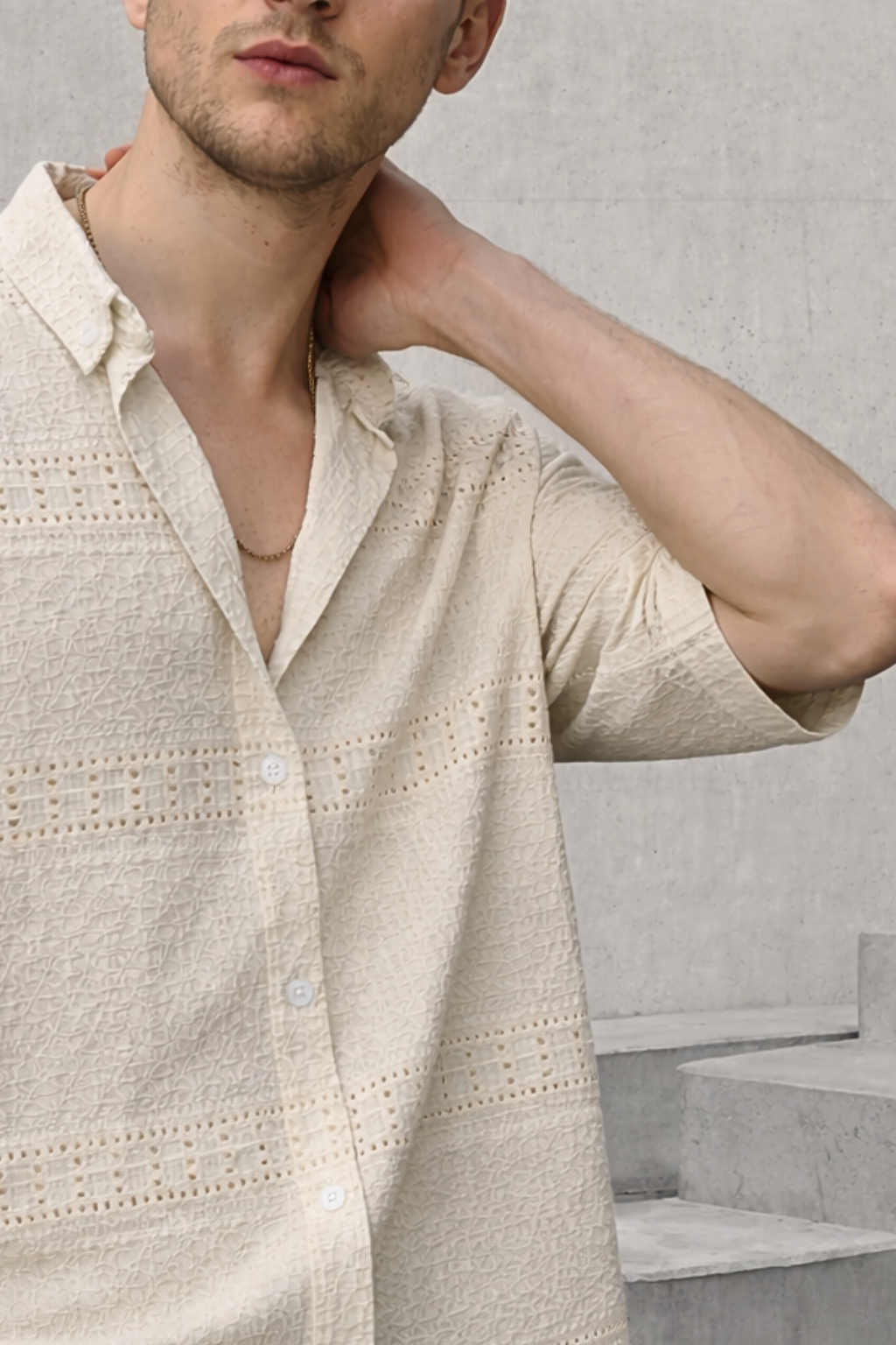Open-Weave Cutwork Cuban Collar Shirt - Cream