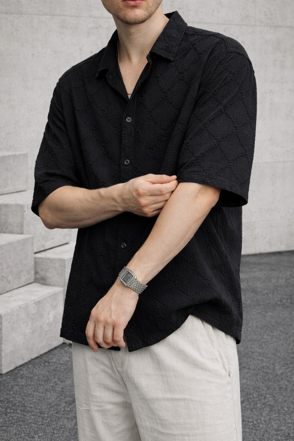 Tonal Pattern Cuban Collar Shirt - Black