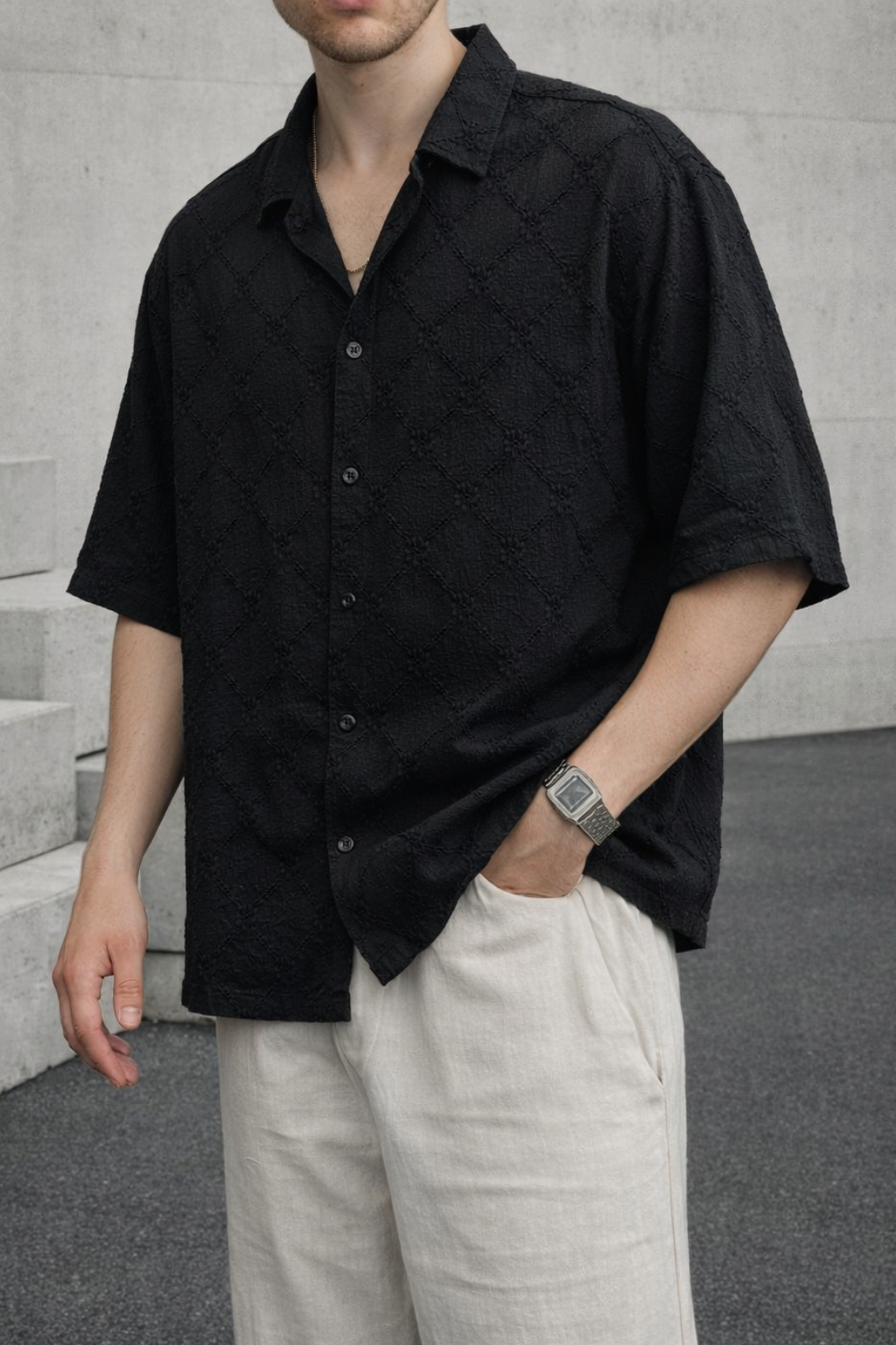 Tonal Pattern Cuban Collar Shirt - Black
