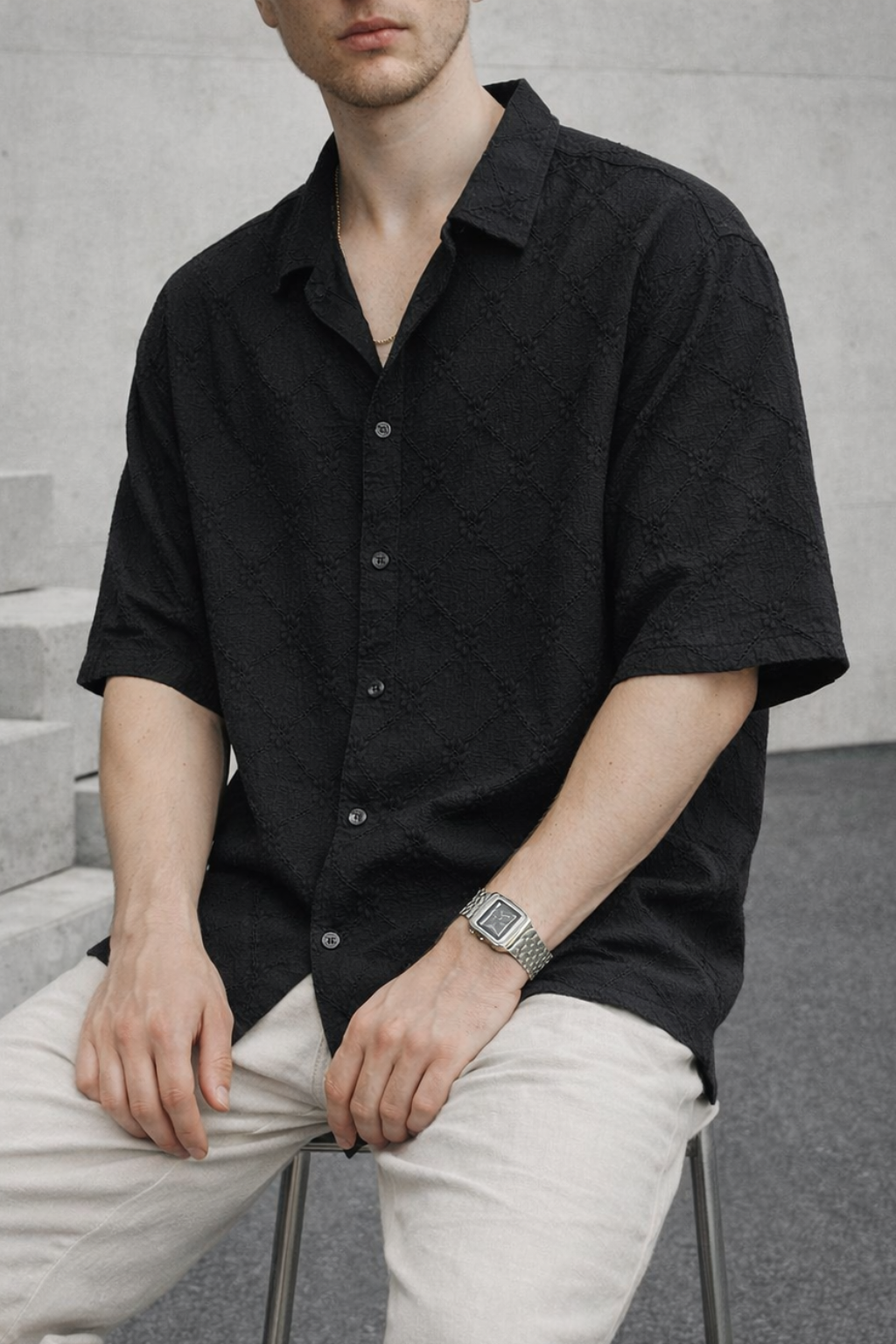 Tonal Pattern Cuban Collar Shirt - Black