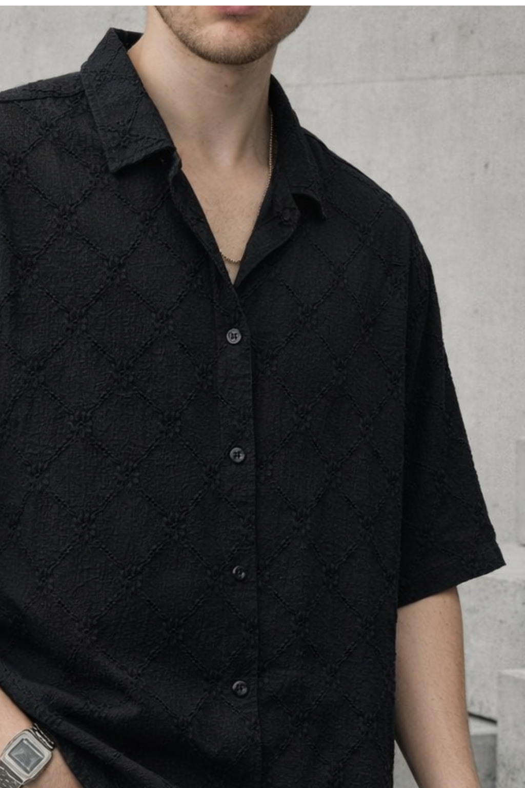 Tonal Pattern Cuban Collar Shirt - Black