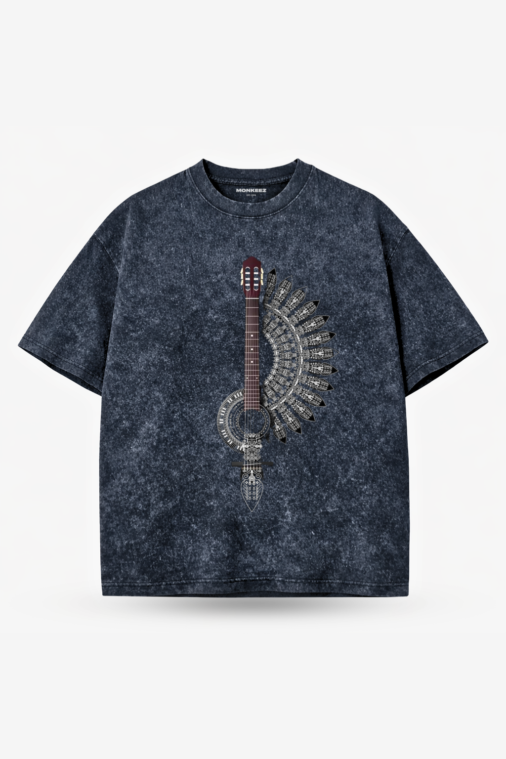 Acid Wash Rhythm Feather Printed Oversized Tee - Smoky Black - Unisex