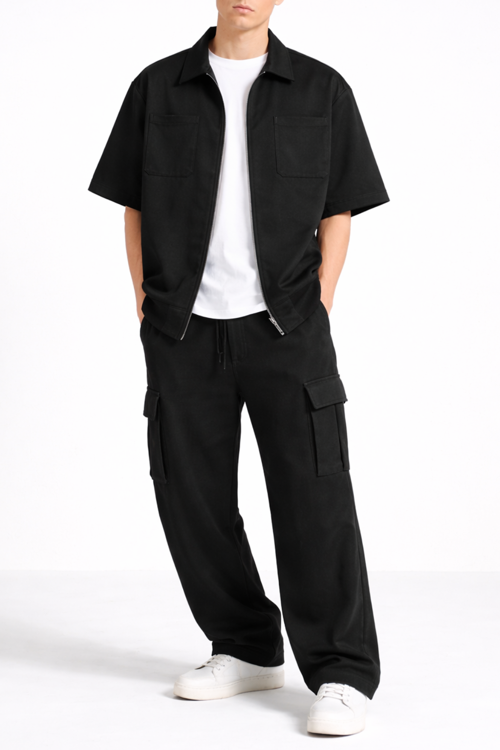 Co-Ord Set – Korean Minimalist Shirt × Plain Cargo Wide Bottom Track Pant (Unisex)