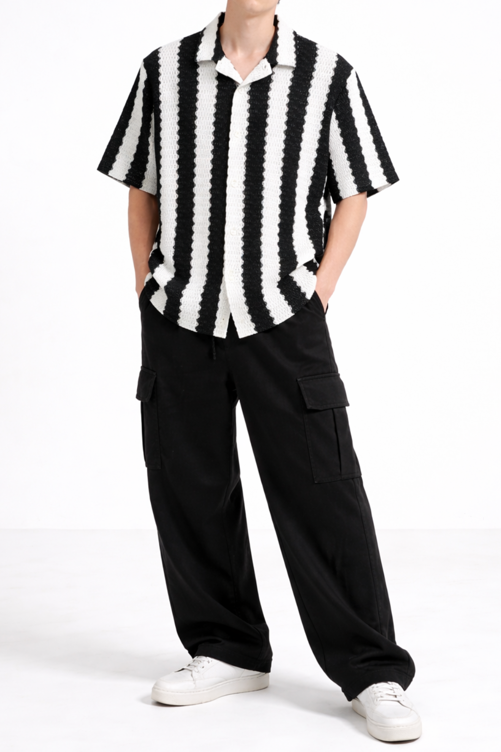 Co-Ord Set – Waffle-Knit Cuban Collar Shirt × Plain Cargo Wide Bottom Track Pant (Unisex)