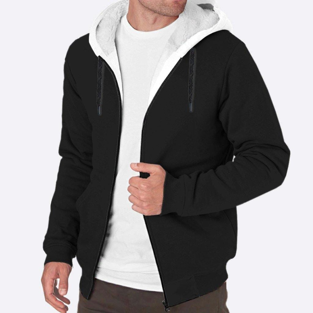 BLACK HEAVY FULLY INNER WHITE FURR ZIPPER HOODIE - UNISEX