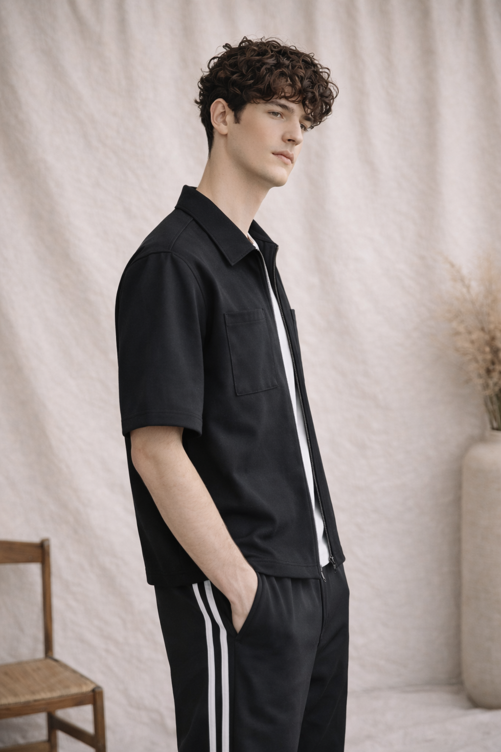 French Terry Minimalist Korean Shirt - Black