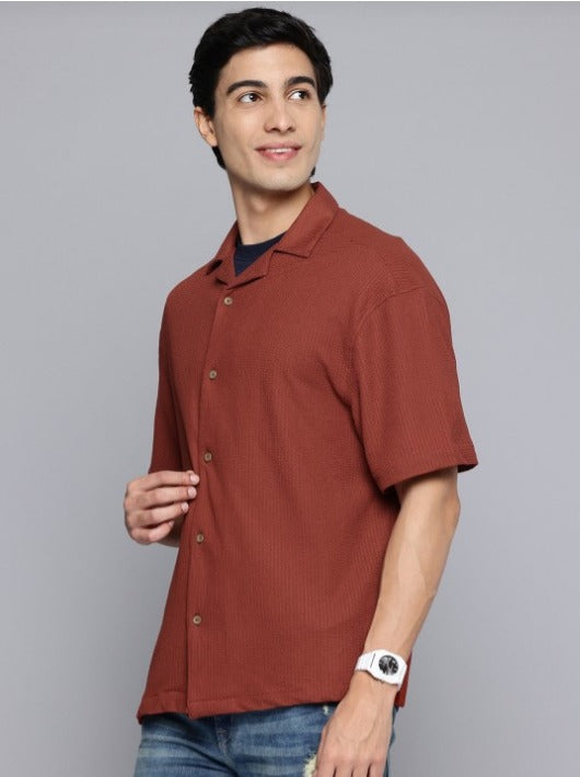 Mens Square Structured Cuban Collar Shirt - Dull Red